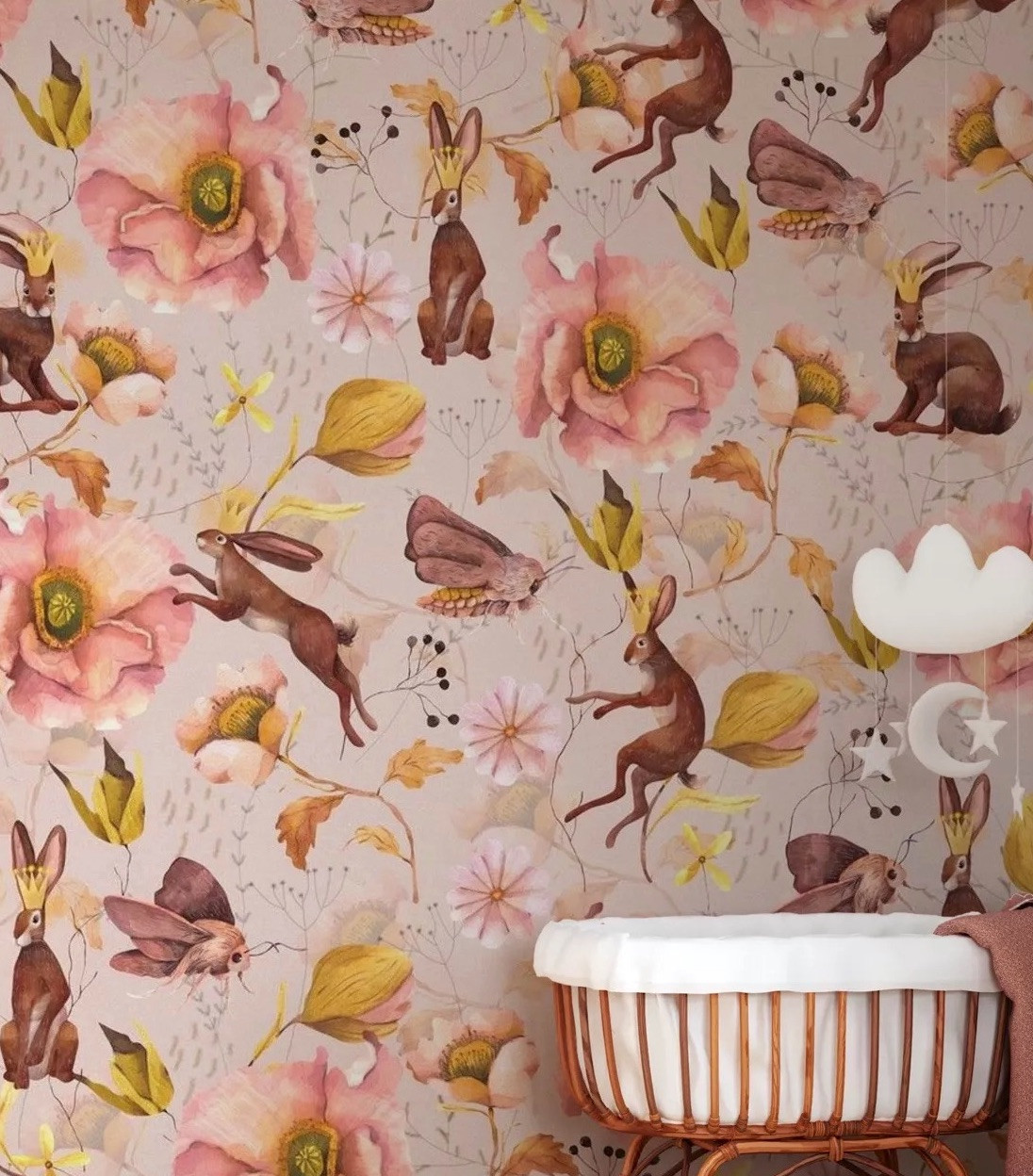 Frolicking Rabbits And Poppyseed Flowers Pink Wallpaper Mural