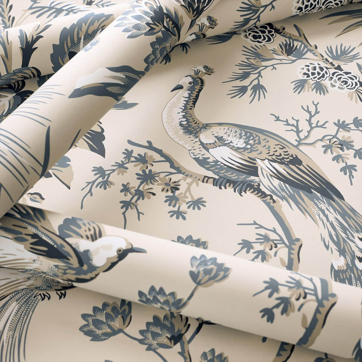 Large Scale Peacocks and Birds With A Toile Effect Slate Grey Wallpaper ...