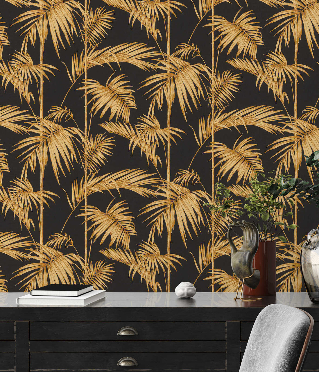 wallpaper bamboo leaves black and gold - inspiration