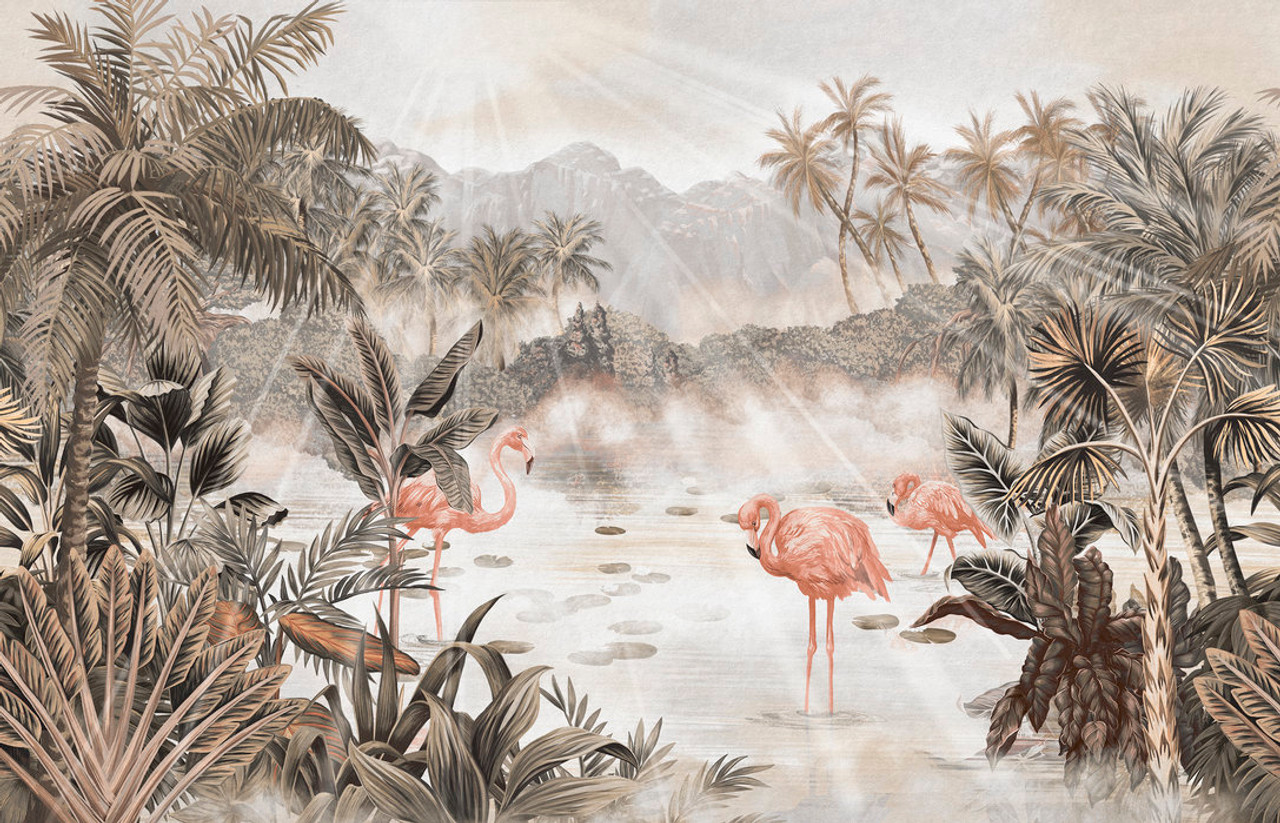 Pink Flamingo Wallpaper Mural, Non Woven Green Tropical Leaves Wallpap —  ell-deco