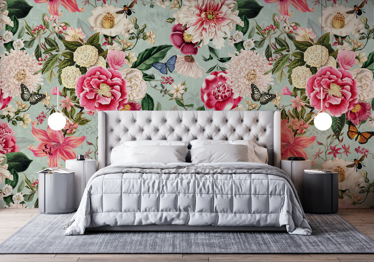 Mint Floral Bugs & Butterflies Wallpaper Mural