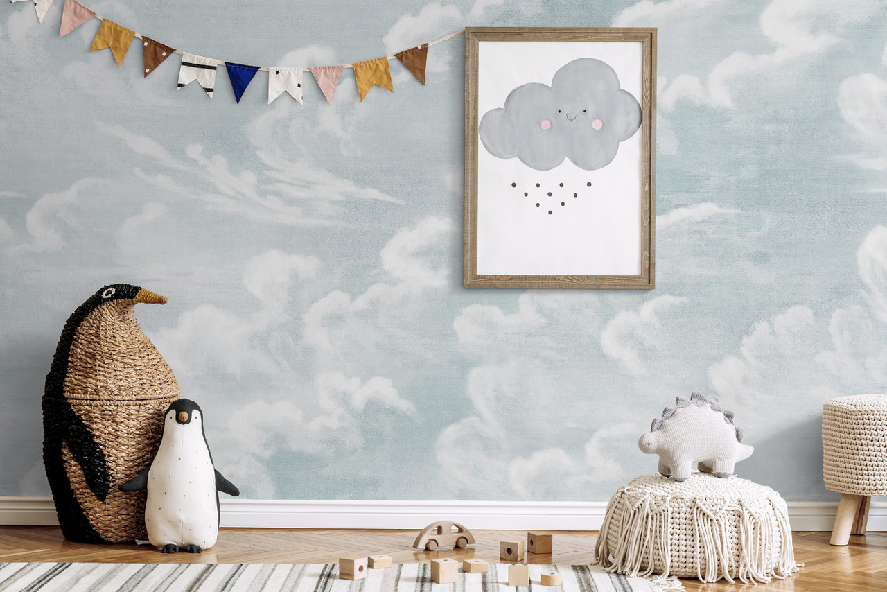 Close Up of a Childs Room with Cloud Wallpaper on Blue Wall Stock  Illustration  Illustration of happiness copy 81248472