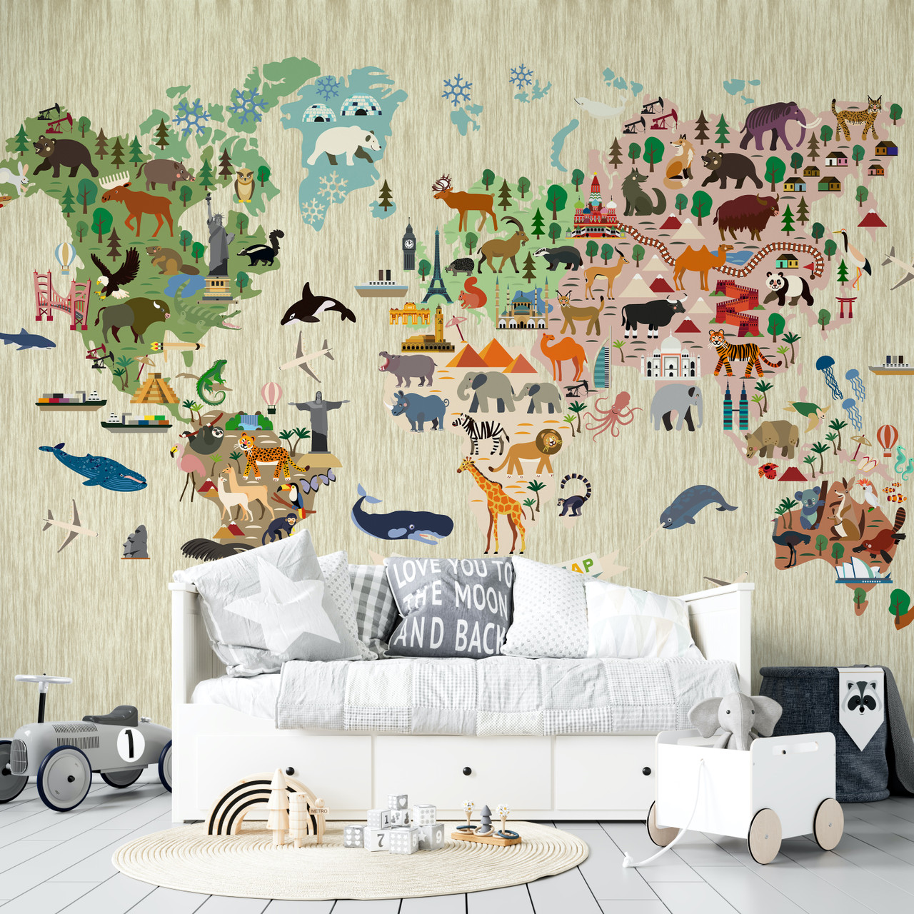 Animal World Map Linear Wallpaper Mural - Beige