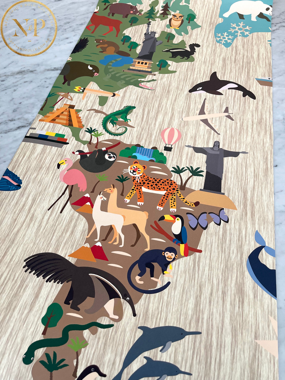 Animal World Map Linear Wallpaper Mural - Beige