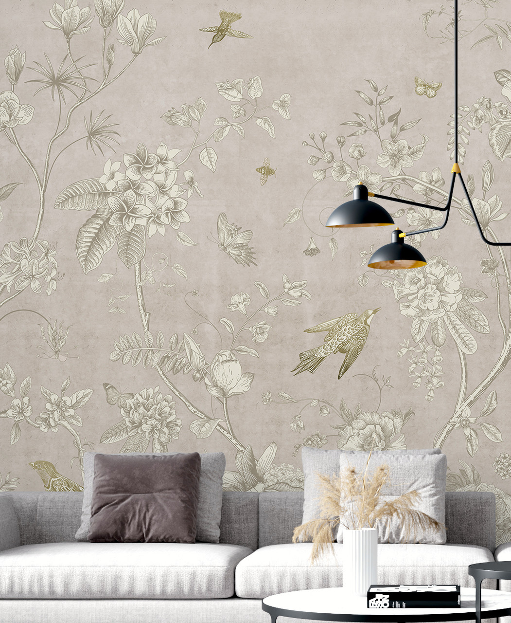 Chinoiserie Bird and Tree Branches Wallpaper Mural | Dusty Pink and ...