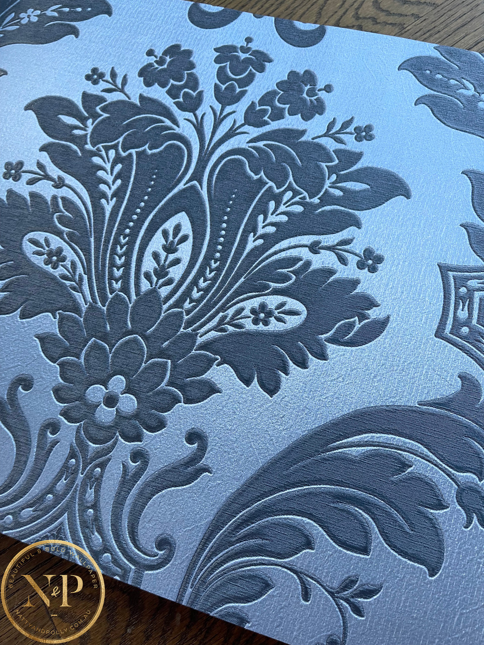Large Scale Damask Blue Vinyl Wallpaper
