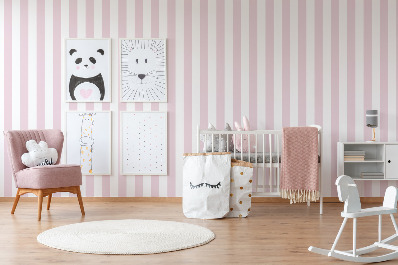 pink striped wallpaper nursery
