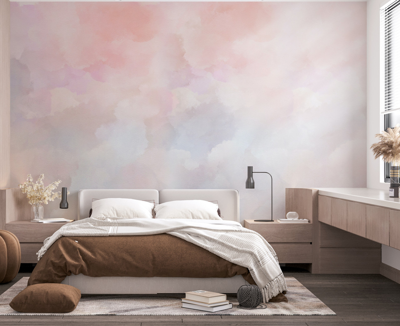 Pink Coral Blue Cloud Effect Watercolour Wallpaper Mural | Vinyl or Non ...