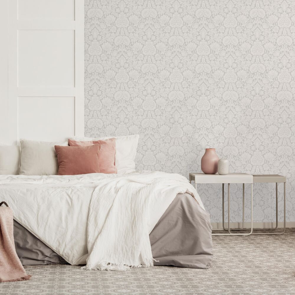 Large Scale Contemporary Damask Grey Wallpaper