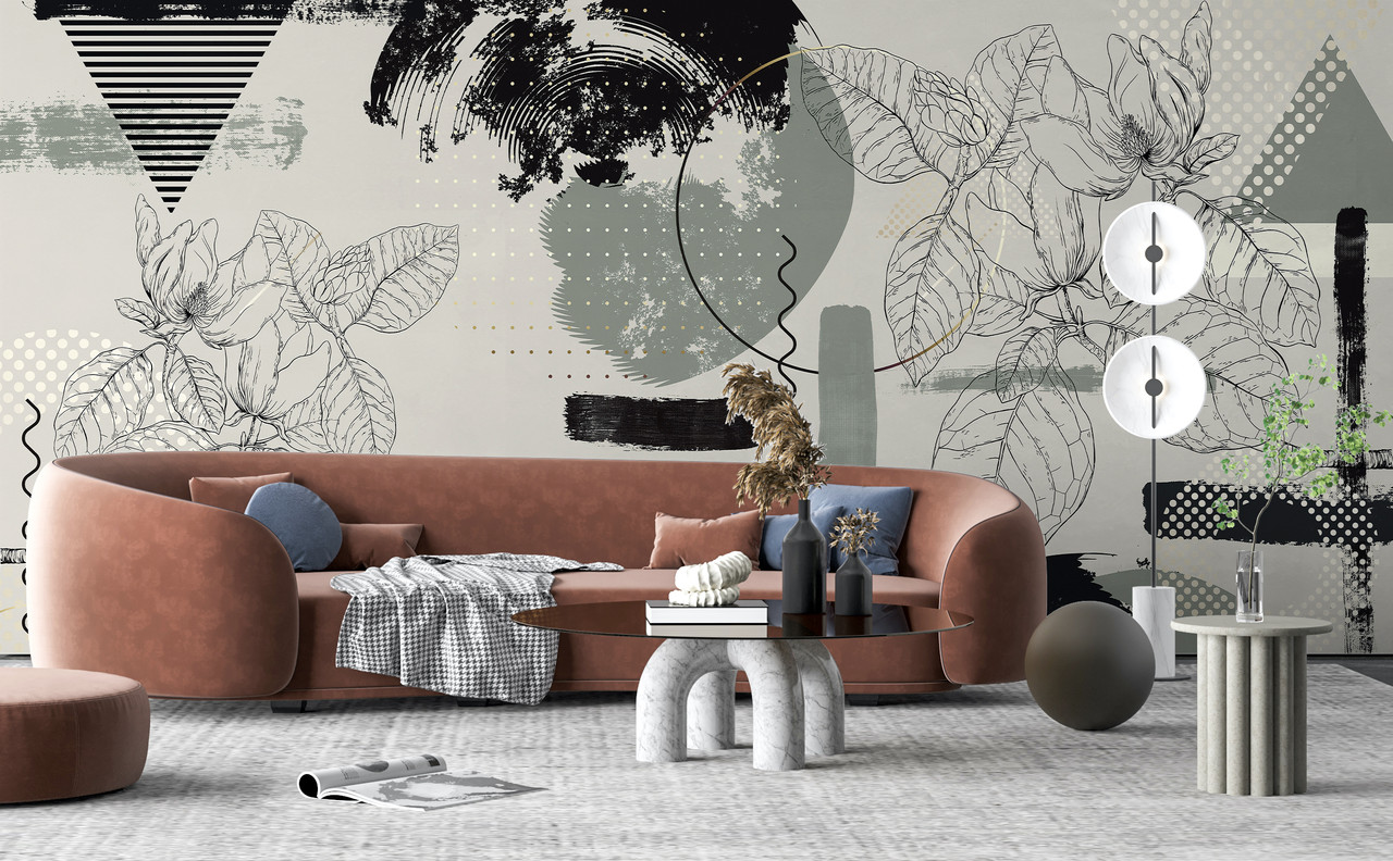 Sage Stone and Black Abstract Magnolia Flowers Sketch Wallpaper Mural