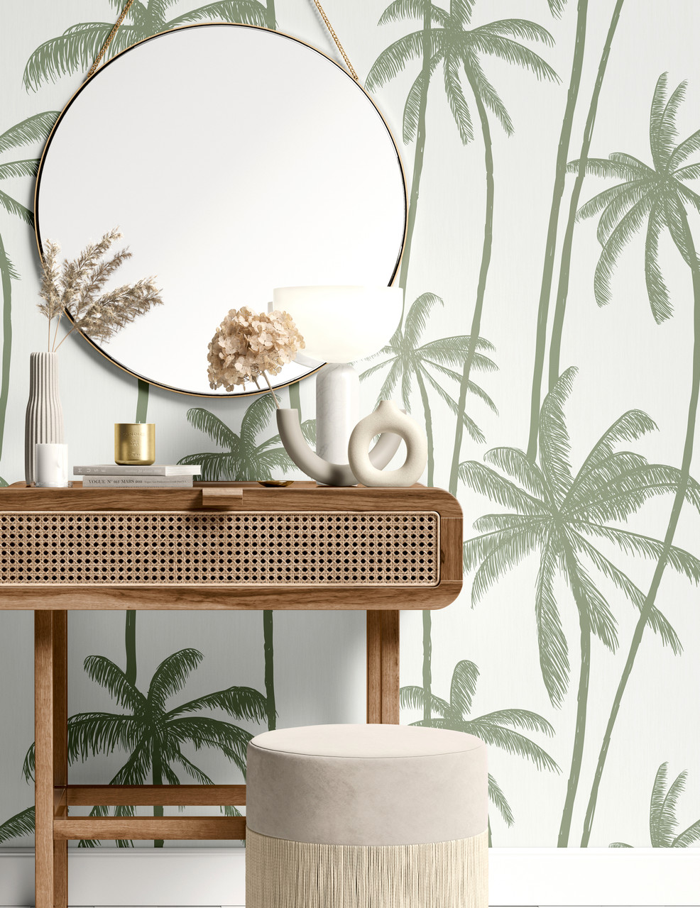 Sage Green Swaying Palm Trees Tropical Oasis Wallpaper Mural