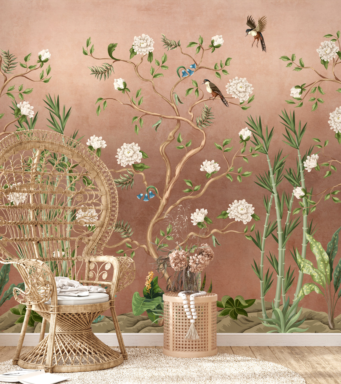 Pink Oriental Birds and Trees Chinoiserie Inspired Wallpaper Mural