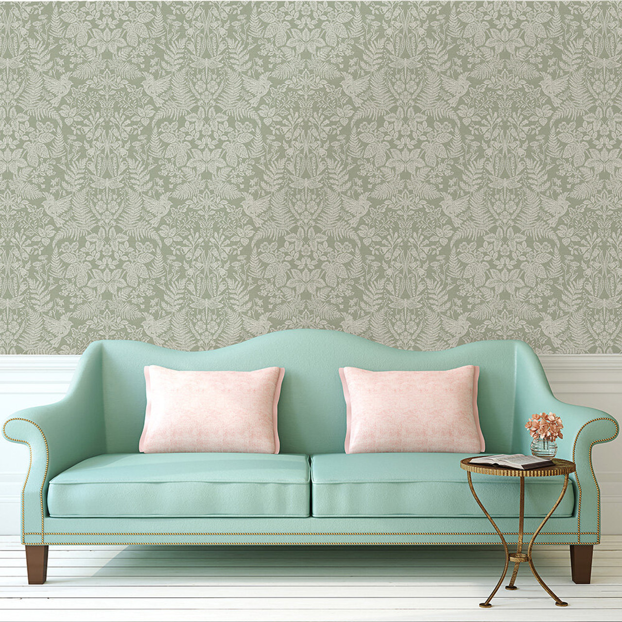 Modern Country Damask Birds Flowers Leaves Dragonflies Sage Green ...