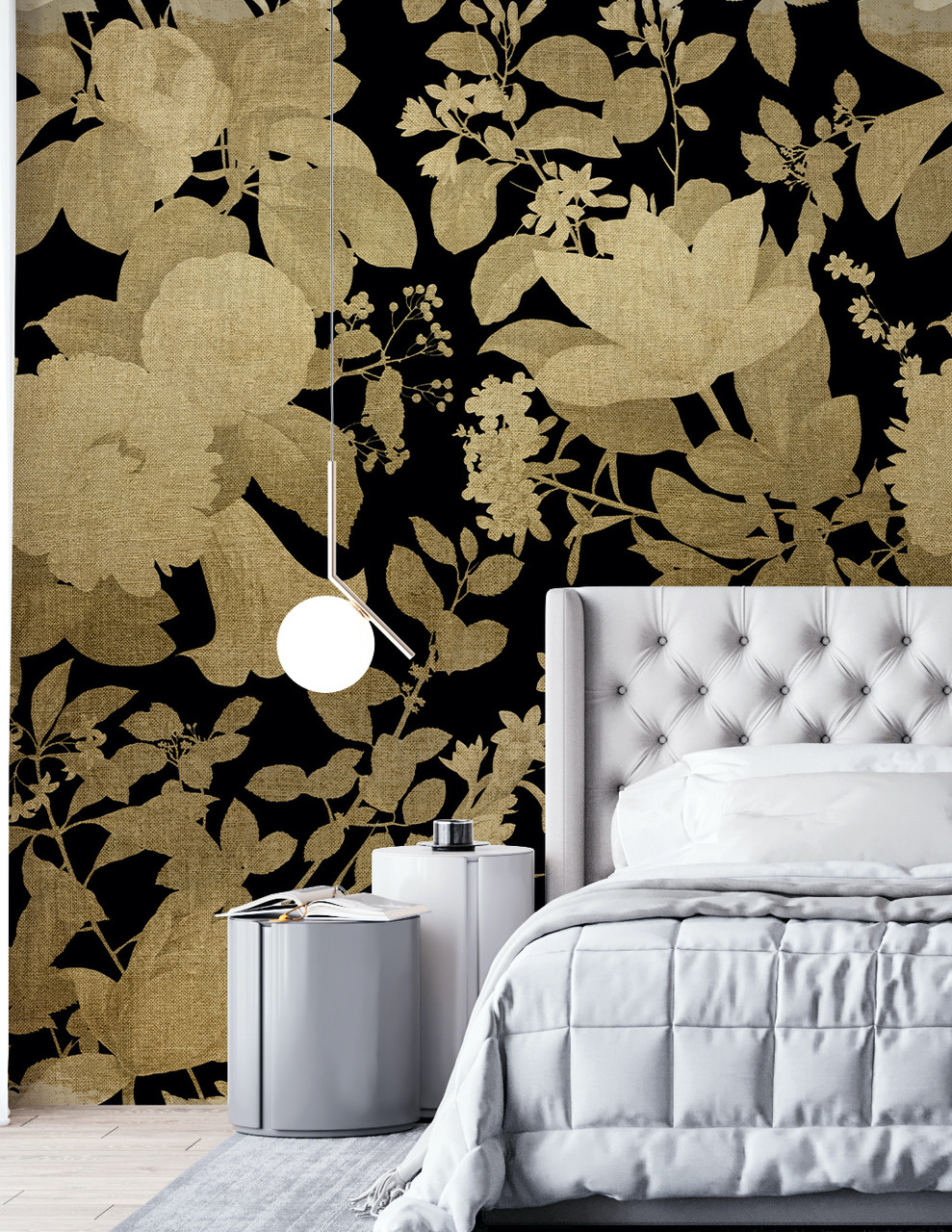 Black and Gold Linen Effect Large Scale Luxurious Floral Wallpaper Mural