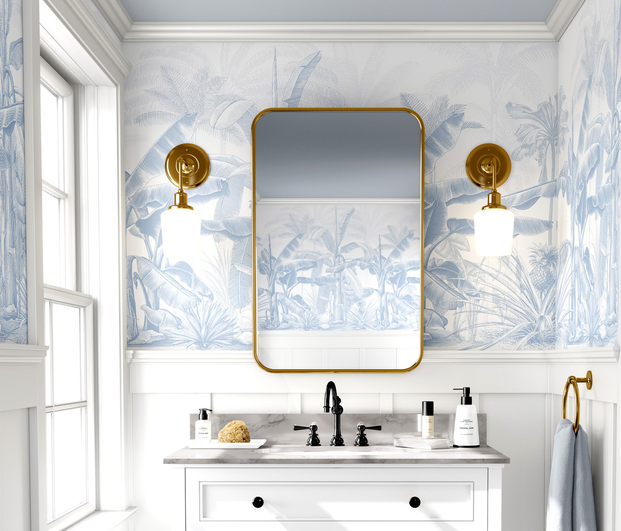 Sky Blue and White Banana Palm Trees Botanical Wallpaper Mural