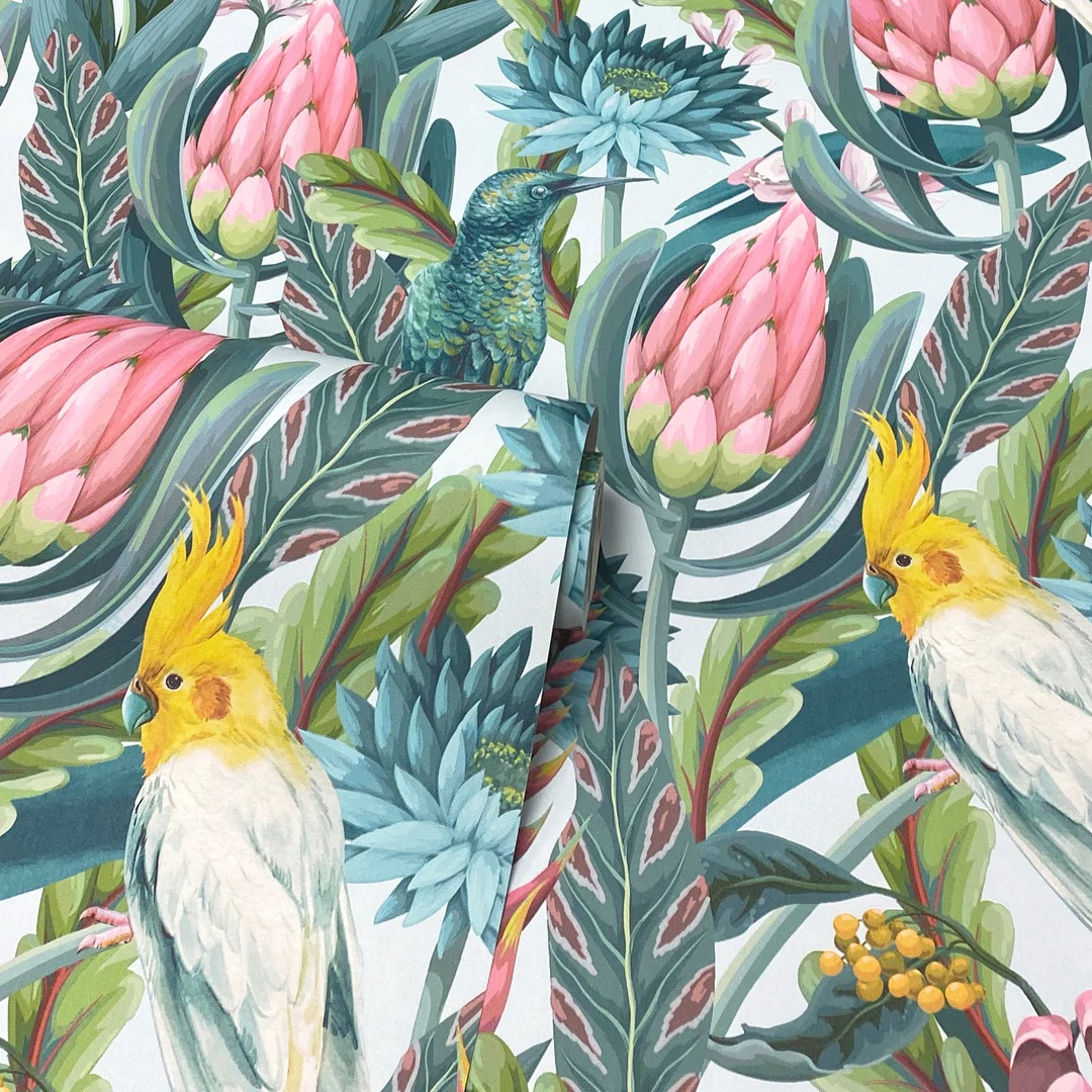 Tropical Protea Flowers Exotic Parrots Green Pink Vinyl Wallpaper