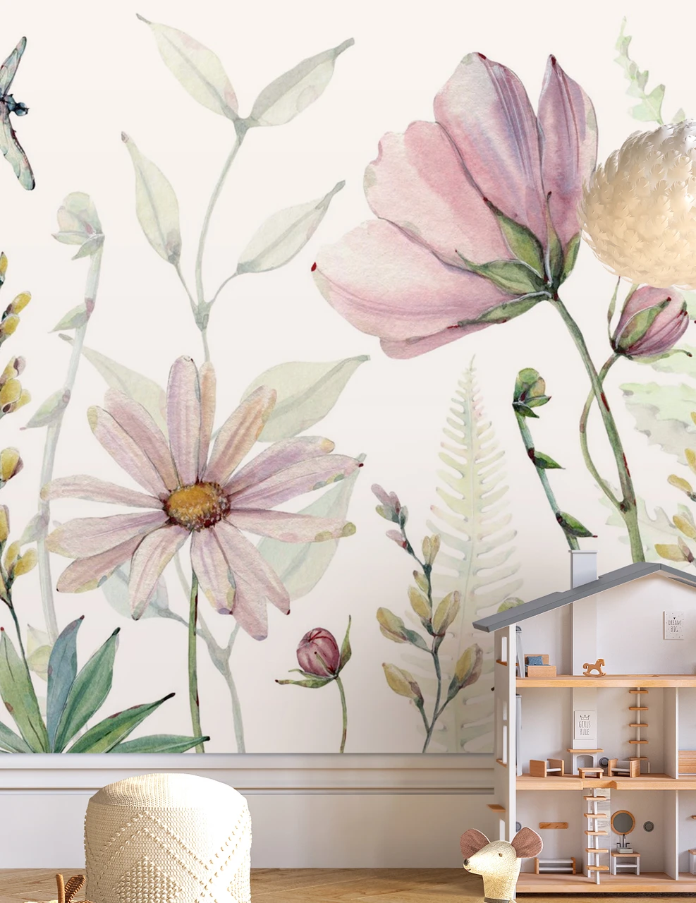 Dragonflies Soft Elegant Floral Wallpaper Wall Mural Pink White | Made ...