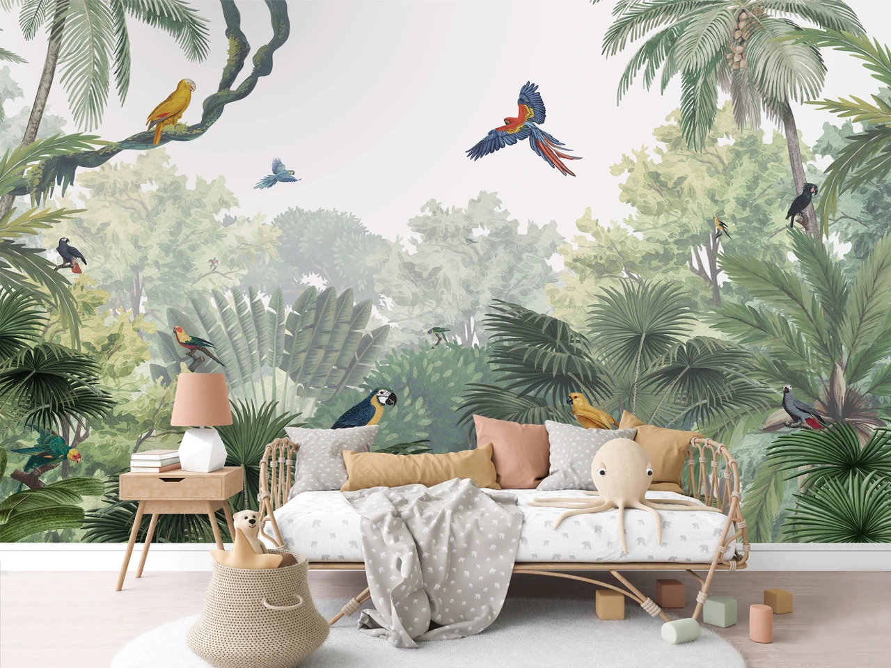 Tropical Jungle Birds Trees Neutral Green Wallpaper Wall Mural