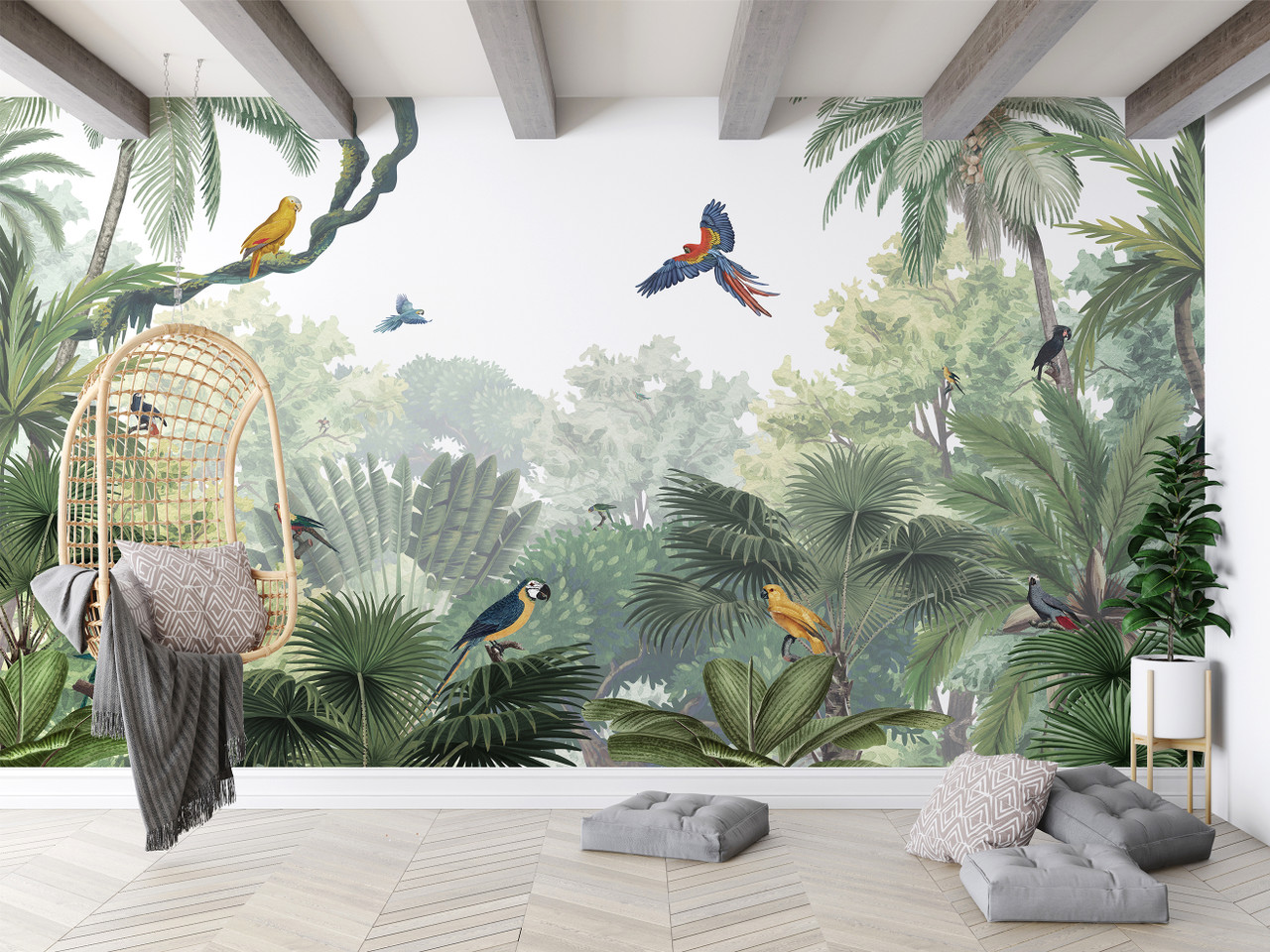Tropical Jungle Birds Trees Neutral Green Wallpaper Wall Mural