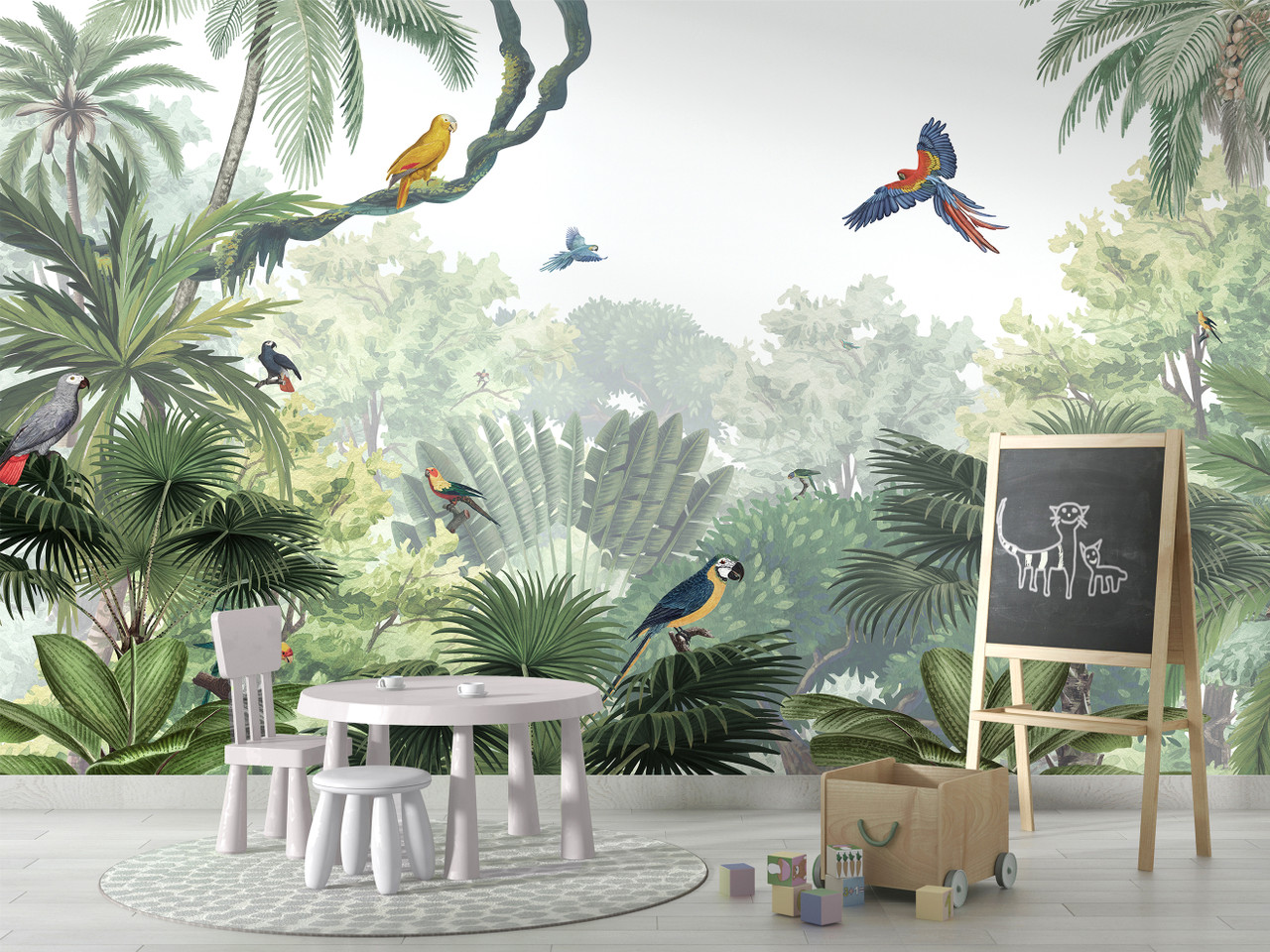 Tropical Jungle Birds Trees Neutral Green Wallpaper Wall Mural