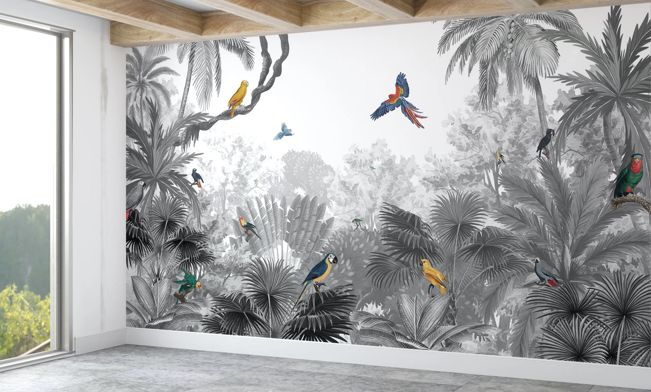 Tropical Jungle Birds Trees Black and White Wallpaper Wall Mural