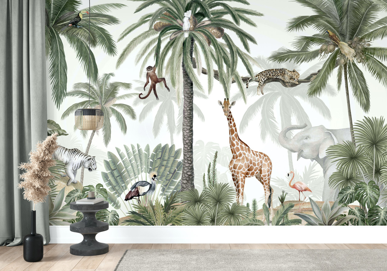 Tropical Jungle Wild Cats Animals and Trees Watercolour Wallpaper Mural