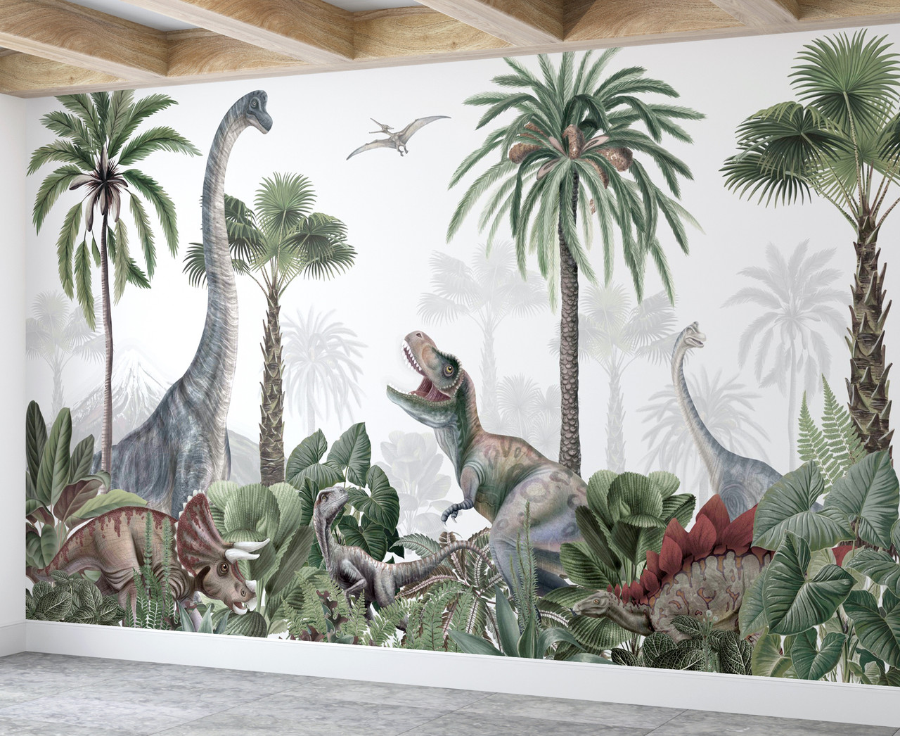 絵画 DINO PLANT Watercolour Dinosaur Theme Wallpaper Wall Mural | Kikki Belle