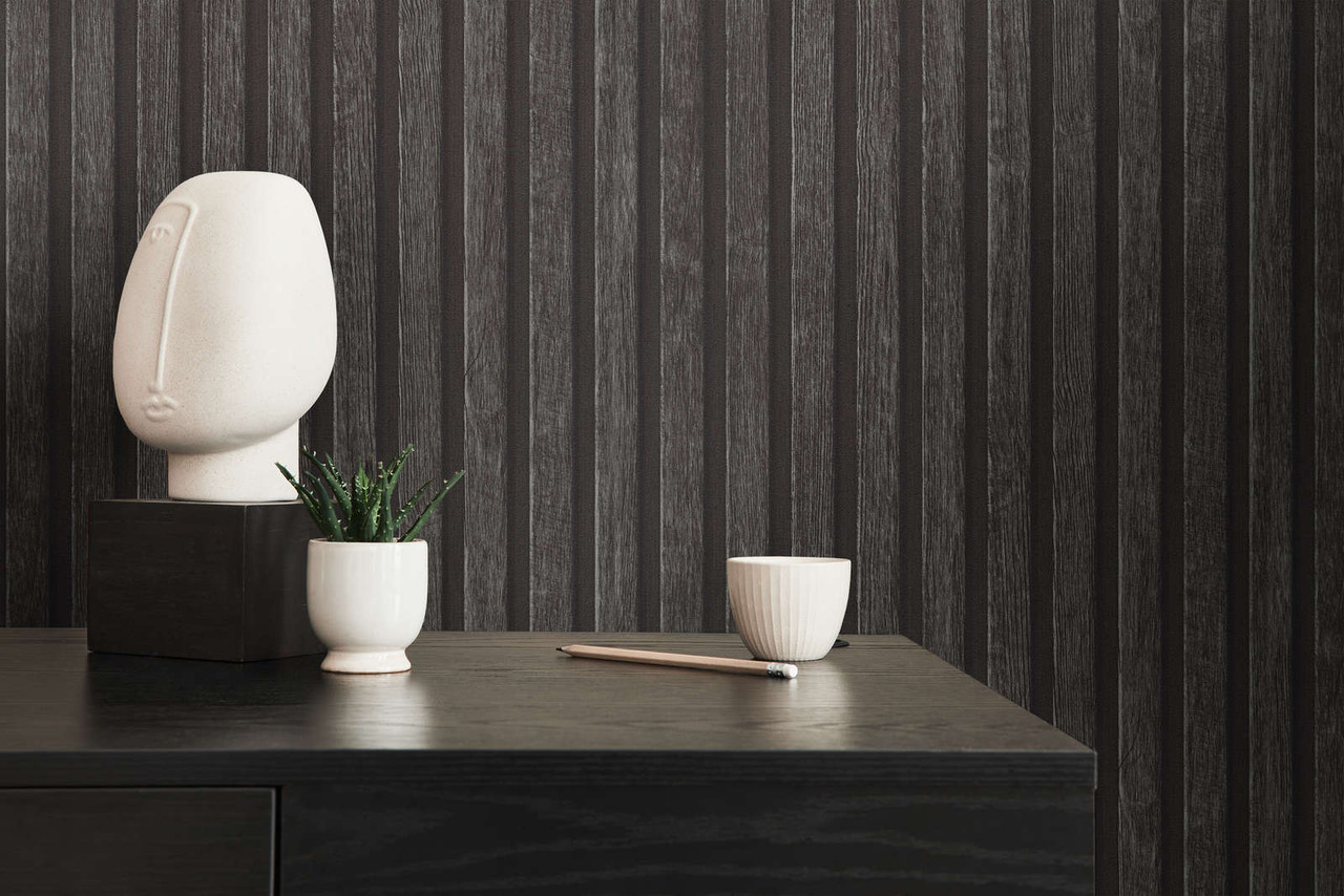 Textured Wood Panelling Effect Charcoal Non Woven Wallpaper | AS