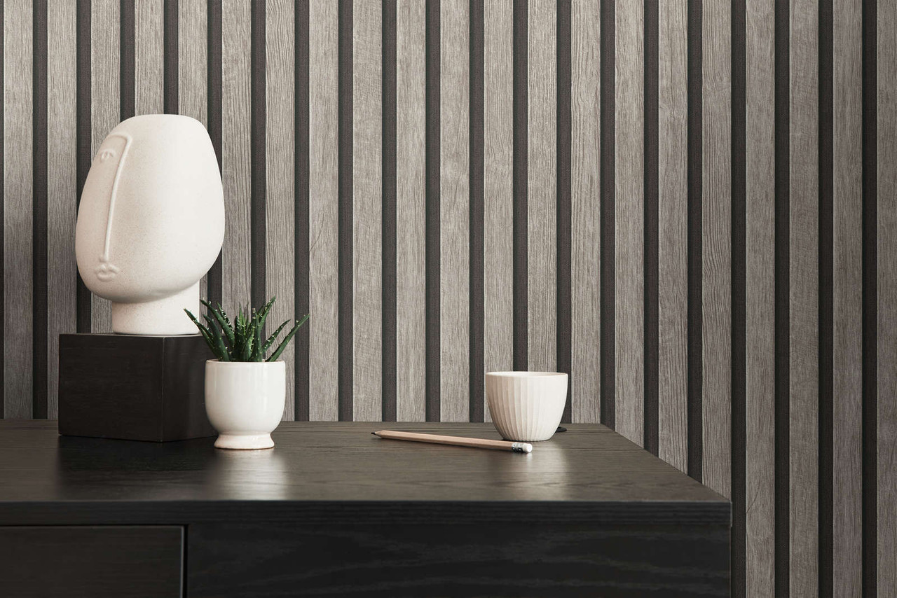 Textured Wood Panelling Effect Grey Black Non Woven Wallpaper | AS ...