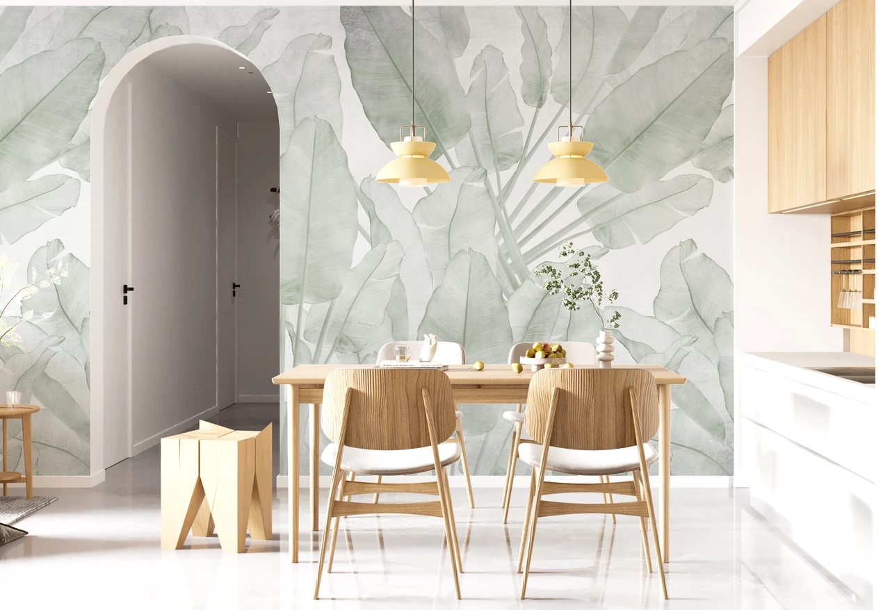 Soft Sage Green Tropical Palm Leaves Wallpaper Mural