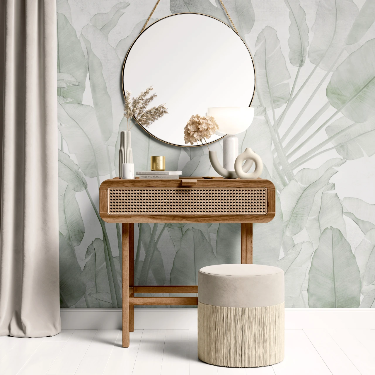 Soft Sage Green Tropical Palm Leaves Wallpaper Mural