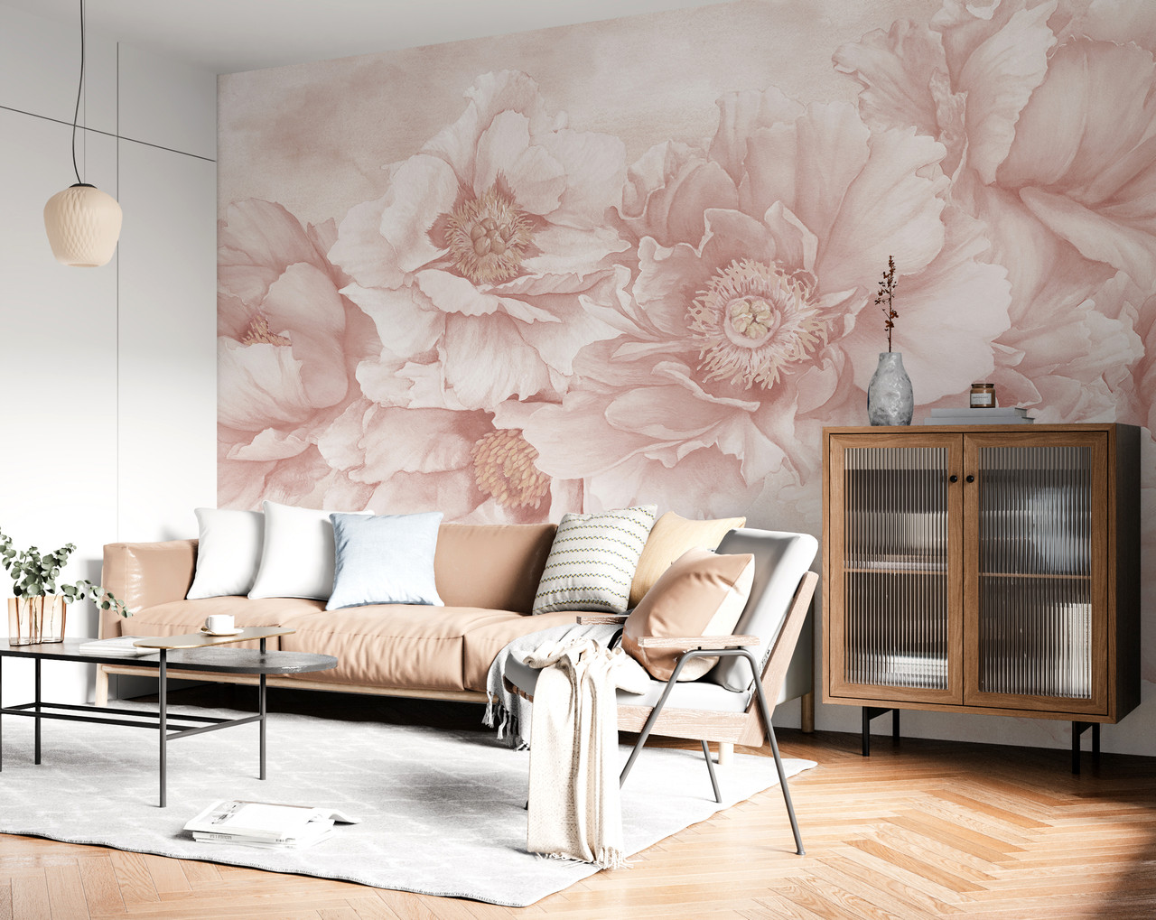 Large Scale Pink Peony Flowers Wallpaper Mural | Watercolour