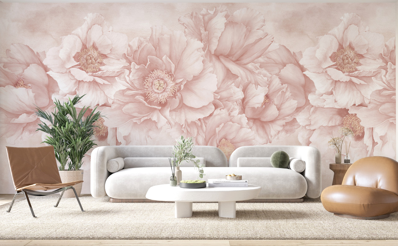 Large Scale Pink Peony Flowers Wallpaper Mural | Watercolour