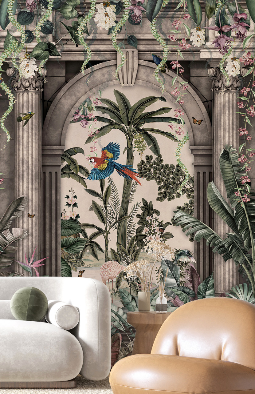 Birds and Flowers Botanical Enchanted Garden with Archways Multicolour