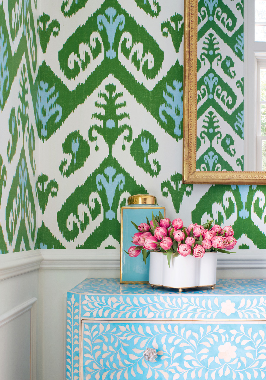 Modern Geometric Indonesian Inspired Pattern Green Wallpaper | Thibaut