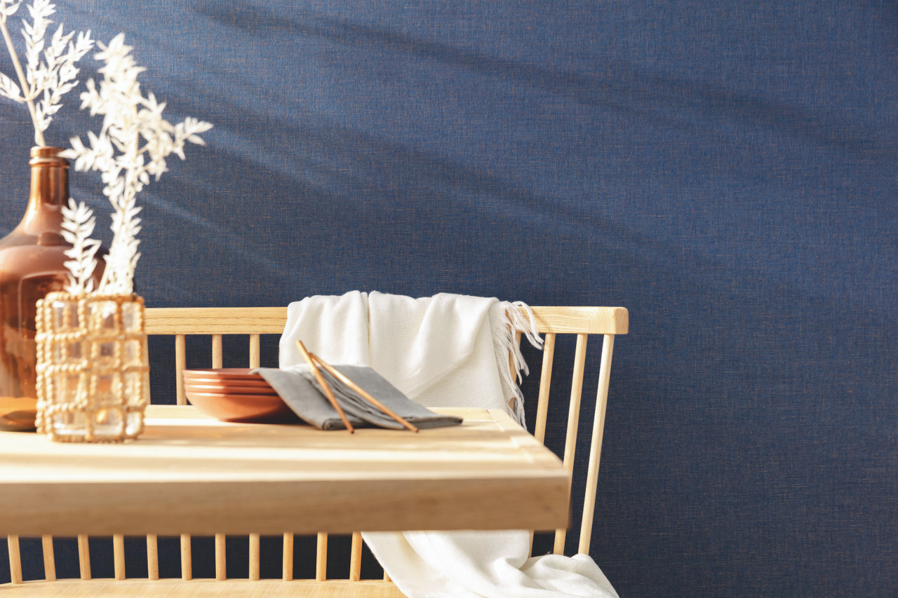 Plain Linen Effect Metallic Denim Blue Vinyl Wallpaper Caselio Vinyl