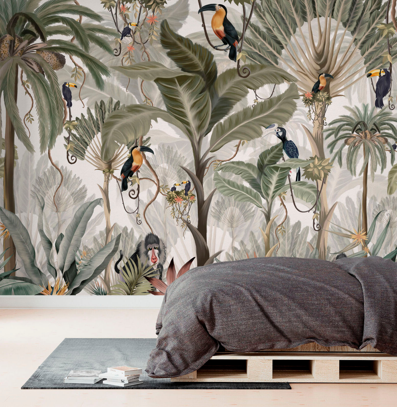 Bold and Bright Tropical Birds Palm Leaf Amazon Wallpaper Mural White