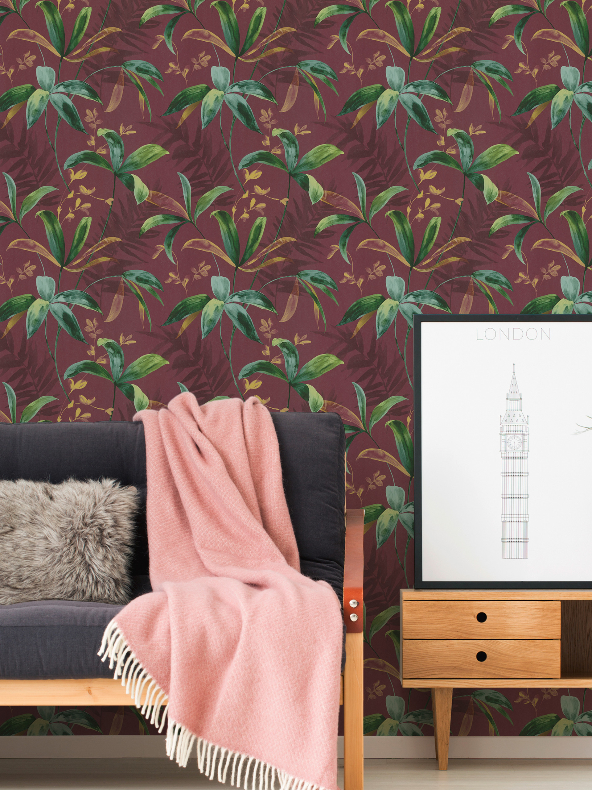 Maroon Red Tropical Leaf Foliage Wallpaper - Architects Paper