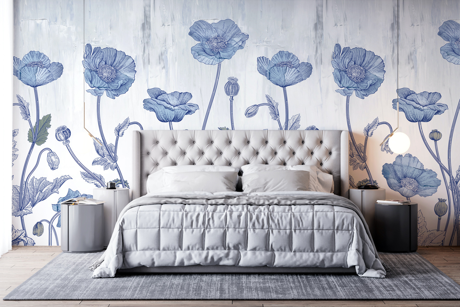 Belle Floral Blue Watercolour Paint Effect Background Wallpaper Mural