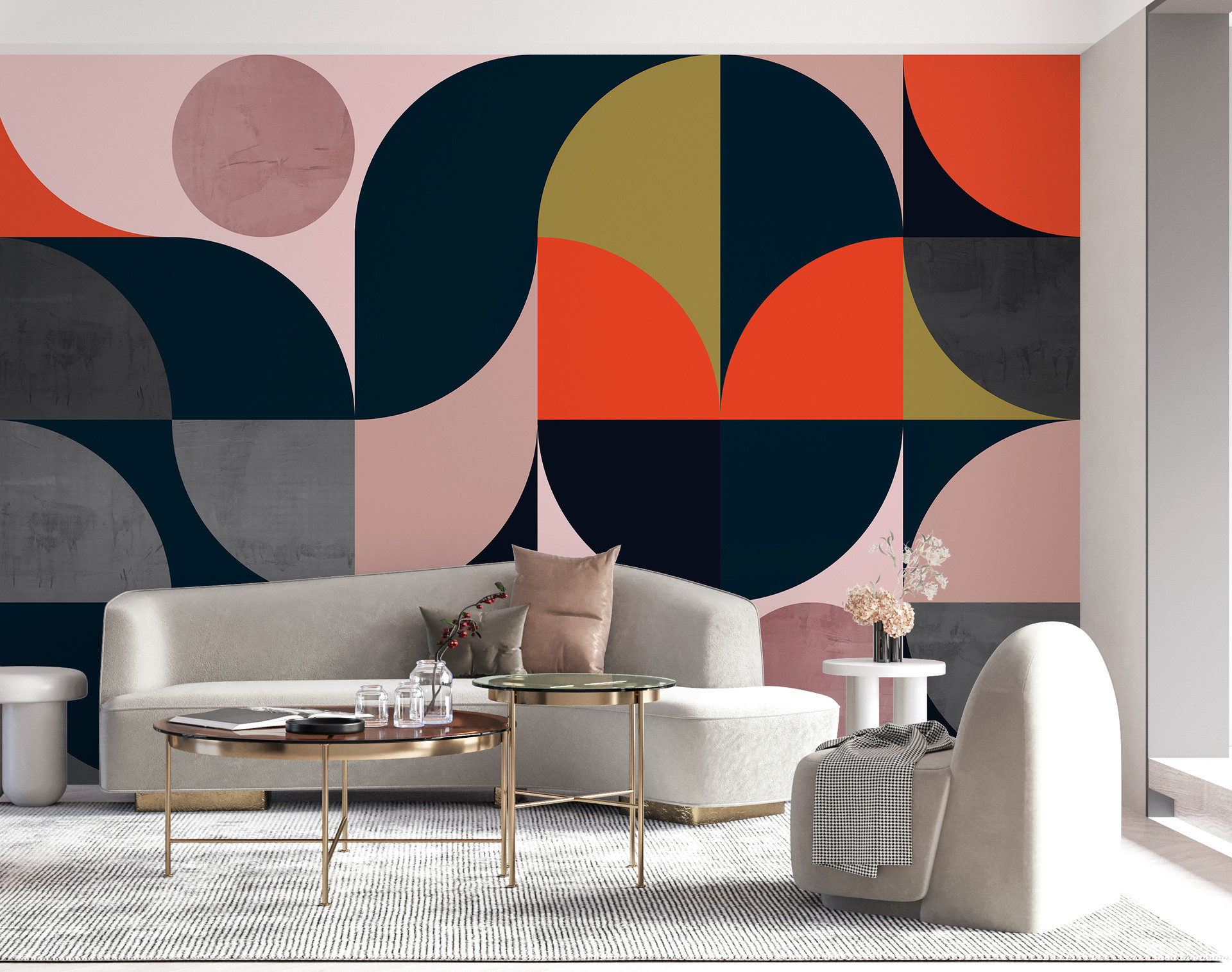 Retro Geometric Abstract Wallpaper Mural in Pink Orange Grey Blue Non