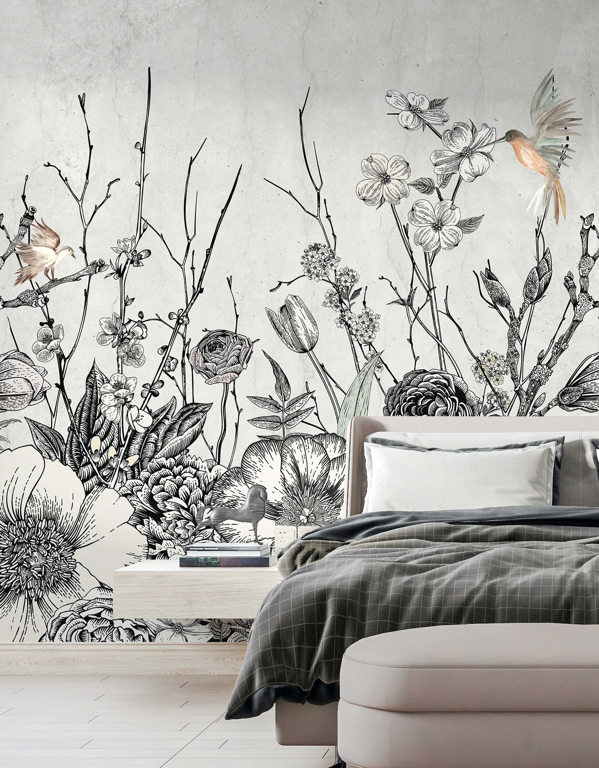 Black and White Wild Flowers and Birds Foliage Wallpaper Mural