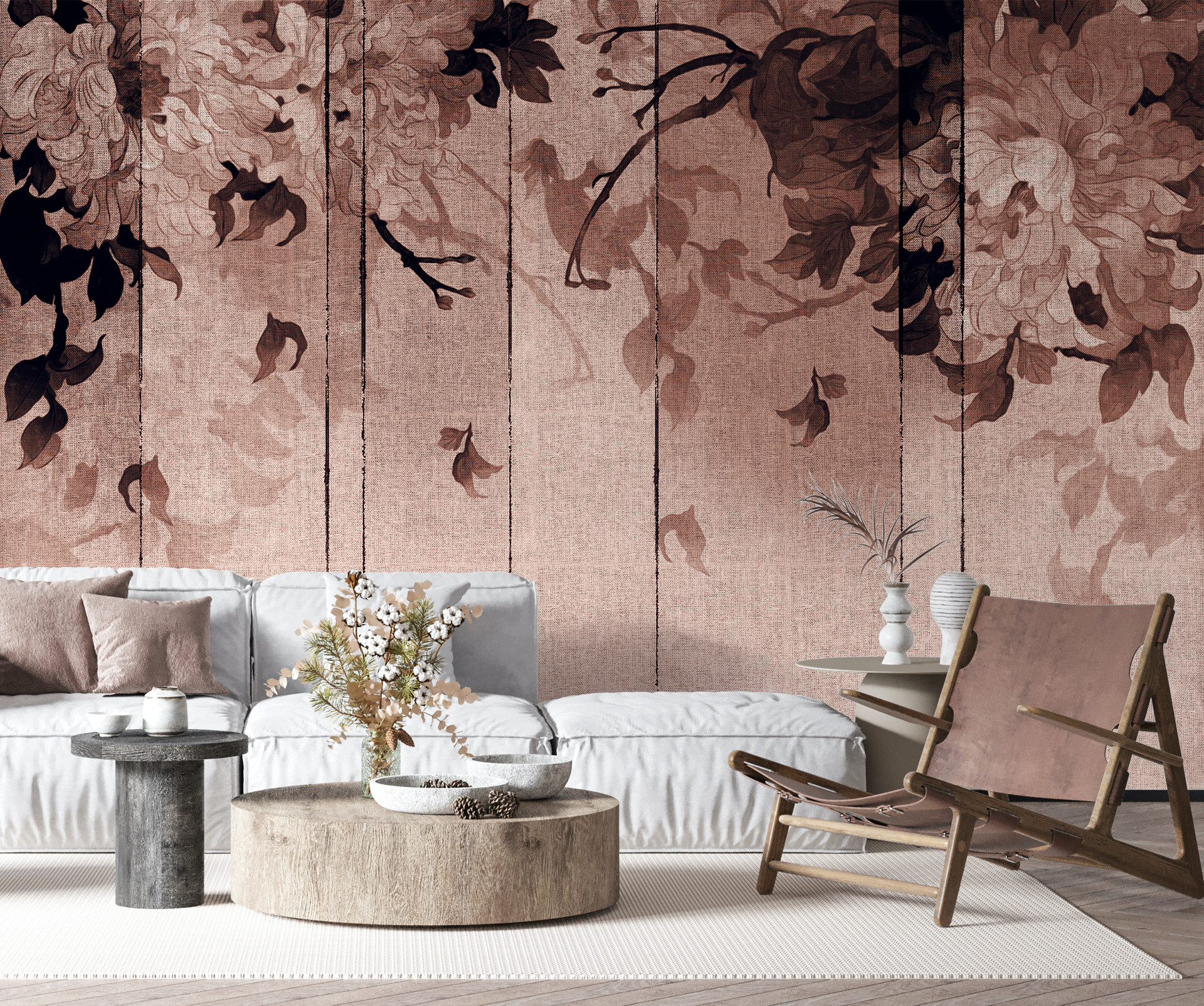 Rust Red Pink Fabric Effect Japanese Chrysanthemum Flower Wallpaper Mural