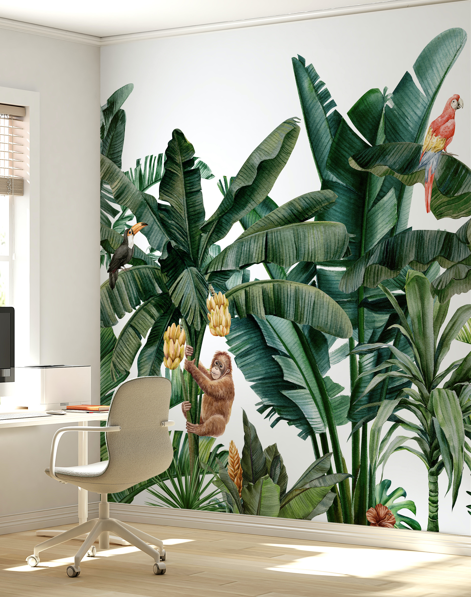 Banana Palm Leaf Tropical Deep Green Wallpaper Mural with Monkeys and ...
