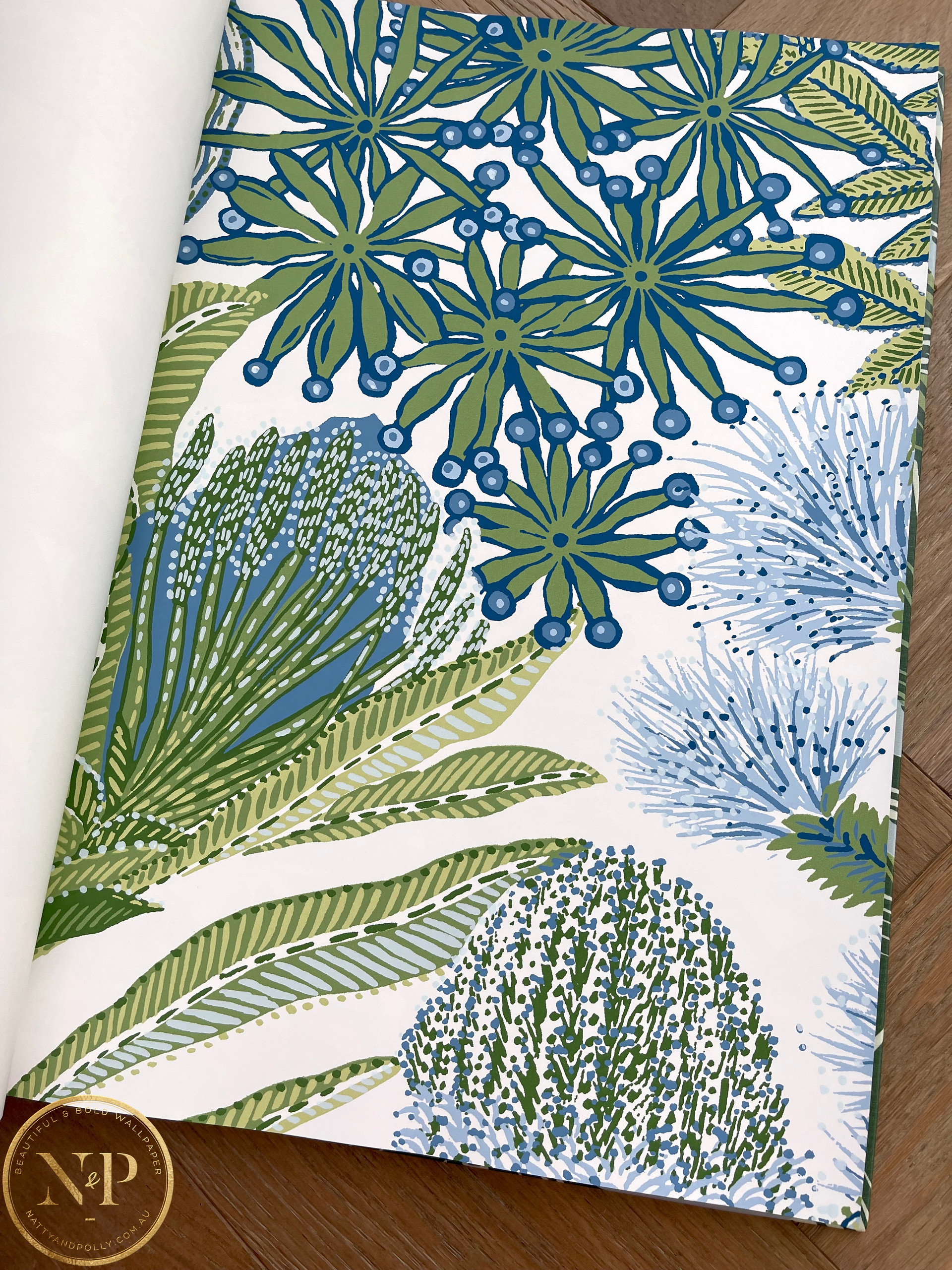 Botanical Australiana Florals Green Blue Wallpaper Thibaut Protea — free download