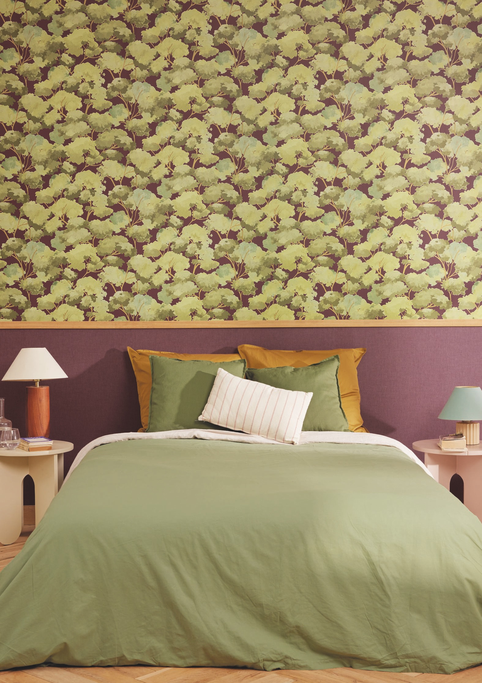 Forest Tree Motifs Plum and Green Wallpaper Caselio ETE