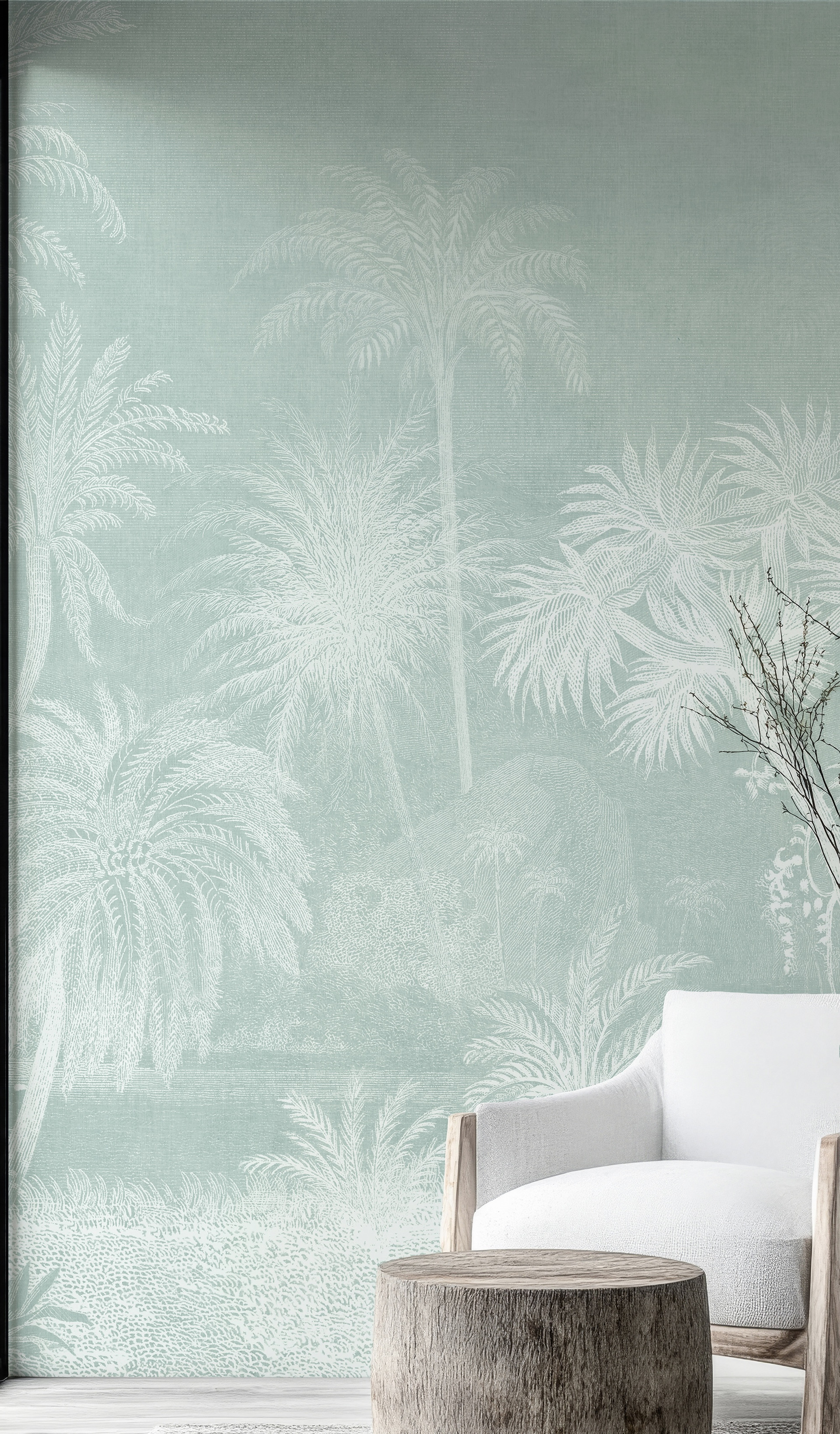White and Sage Green Tropical Scene Palm Tree Wallpaper Mural | Nancy ...
