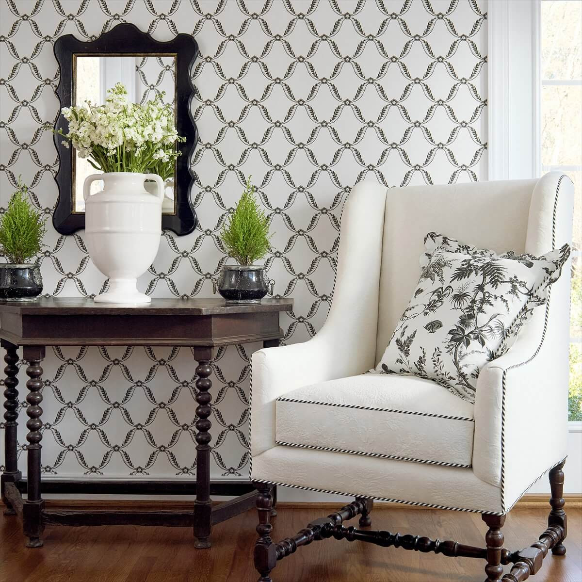 Geometric Leaf Trellis Soft Blue Wallpaper | Anna French Tate Trellis