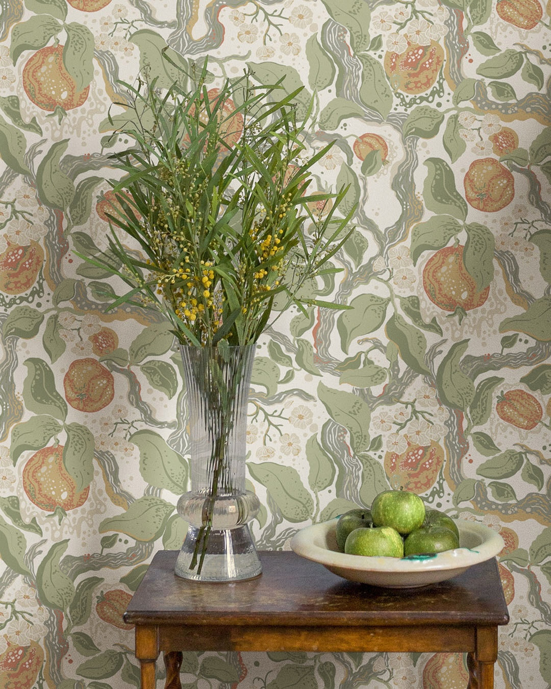 Botanical Fruit and Blossoming Flowers Green Orange Wallpaper | Galerie ...
