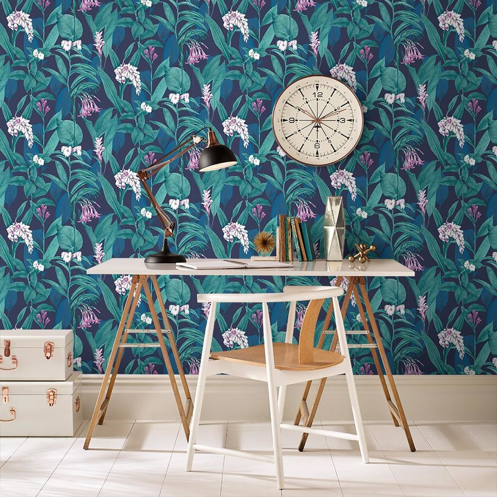Blue and Green Tropical Botanical Wallpaper