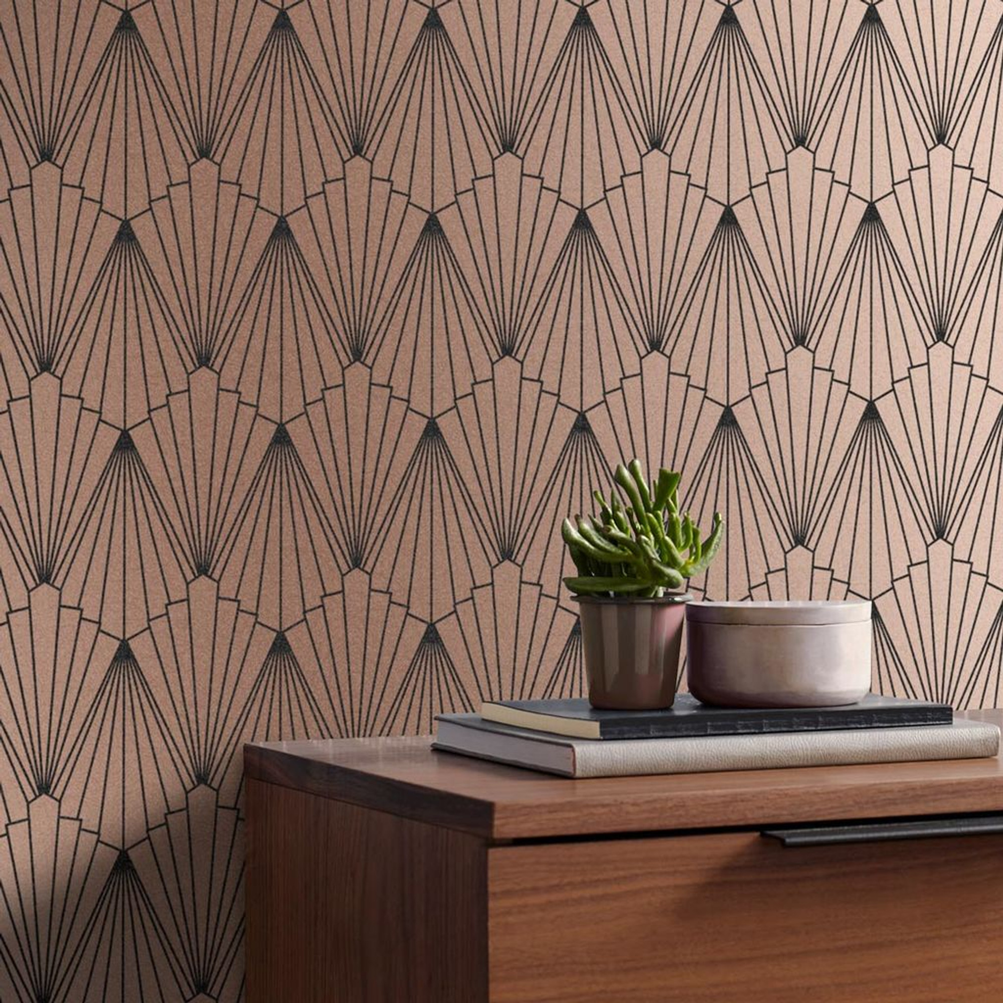 Rene Black And Rose Gold Art Deco Fan Wallpaper Graham And Brown